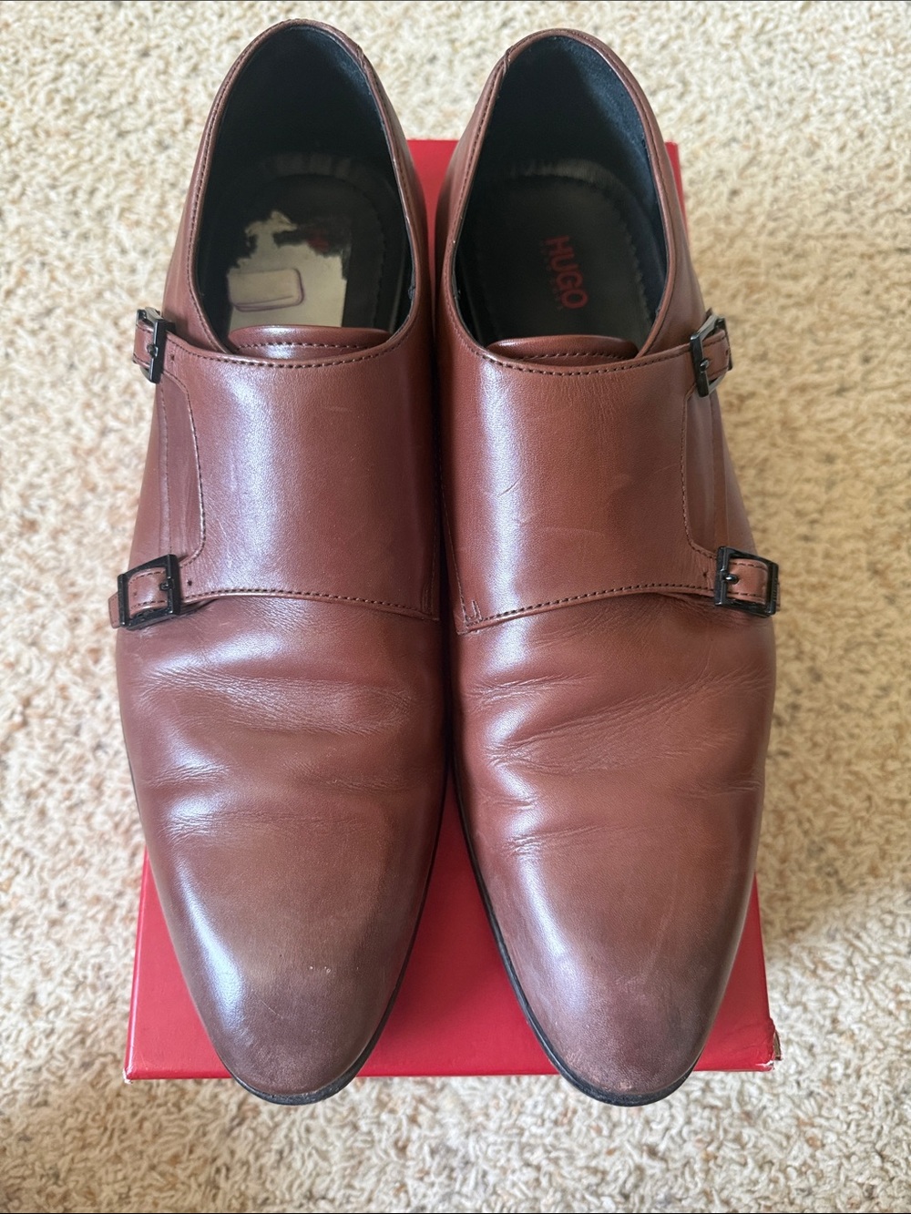HUGO Men's Brown Double Monk Strap Leather Oxfords